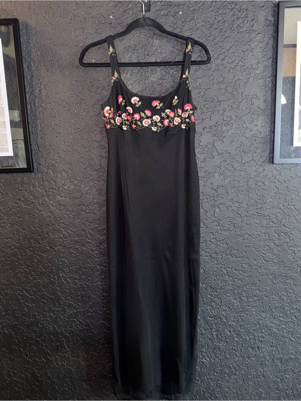Laundry By Shelli Segal Black Maxi Dress with Pink Floral Embroidery